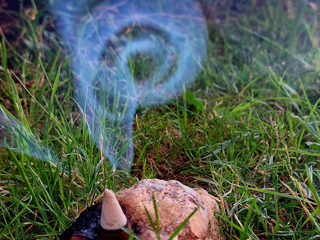 Räucherkegel auf einem Stein im Gras, mit spiralförmig aufsteigendem blauem Rauch