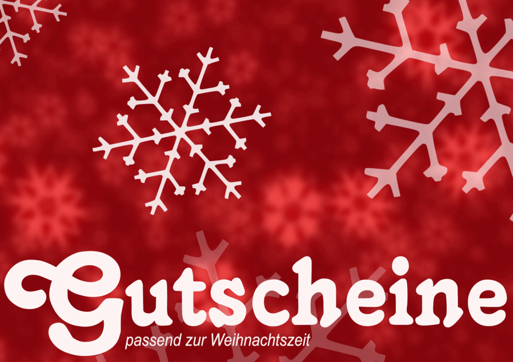Roter Hintergrund mit weißen Schneeflocken und Schriftzug ‚Gutscheine – passend zur Weihnachtszeit‘.